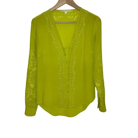 Veronica Beard Womens Long Sleeve Silk Blouse 0 Green Floral Embroidered V Neck - Picture 2 of 16